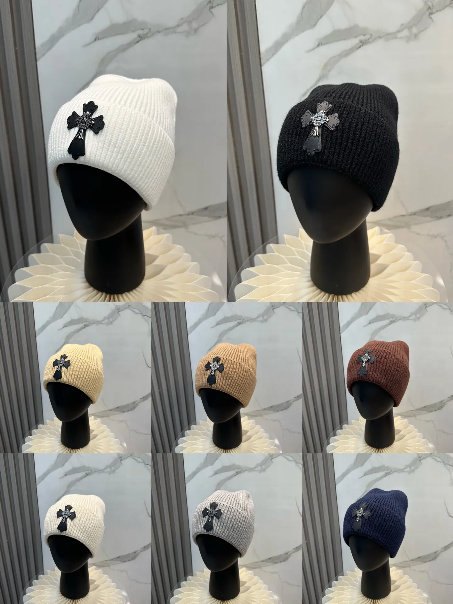 P46 🤍Chrome hearts new autumn and winter cross knitted hat🧶 One of the must-have hats in autumn and winter~ It really looks good on whoever wears it~, it is also a perfect match in black and white and gray in autumn~